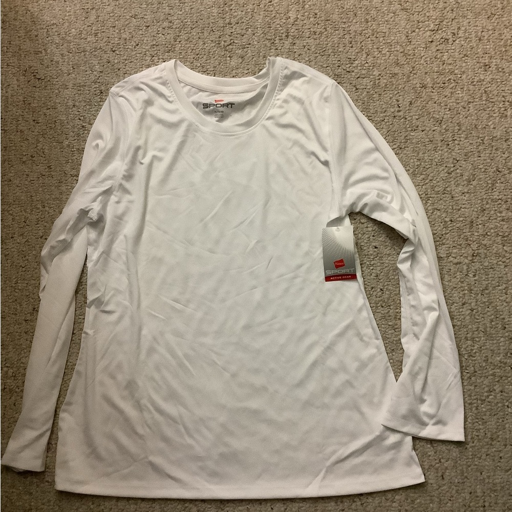 Hanes White Long Sleeve Sport Active Athletic Shirt